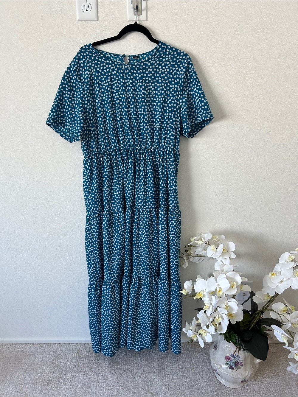 SHEIN Teal Polka Dot Short Sleeve Tiered Maxi Dress